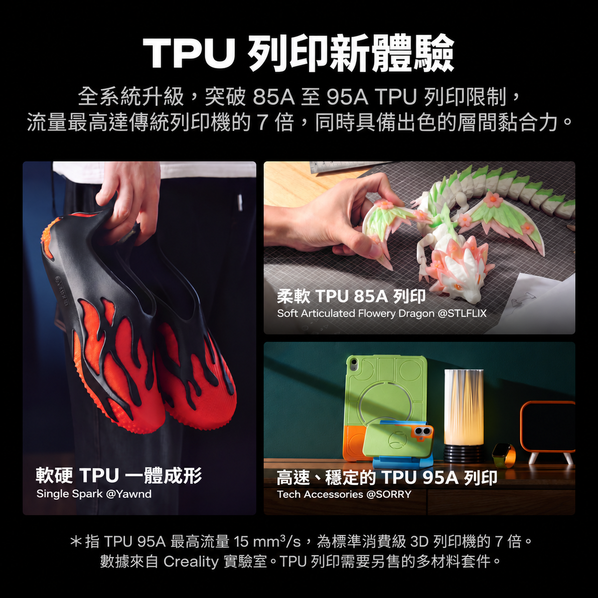 Creality K3 TPU 列印應用，展示軟硬結合鞋款、柔軟關節龍和電子產品配件。